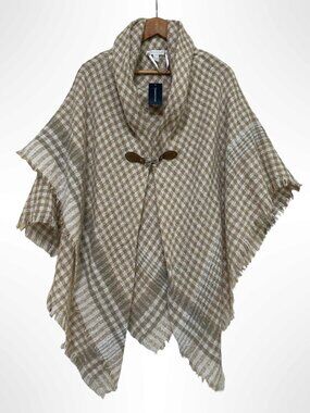 CHARTER CLUB Plaid Clip Closure Poncho Camel Tan Cream One Size NWT